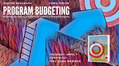 Graphic of program budgeting with ladder, blue arrow, and target
