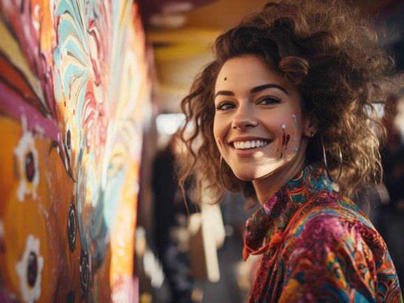 Young woman creating a mural in a public space