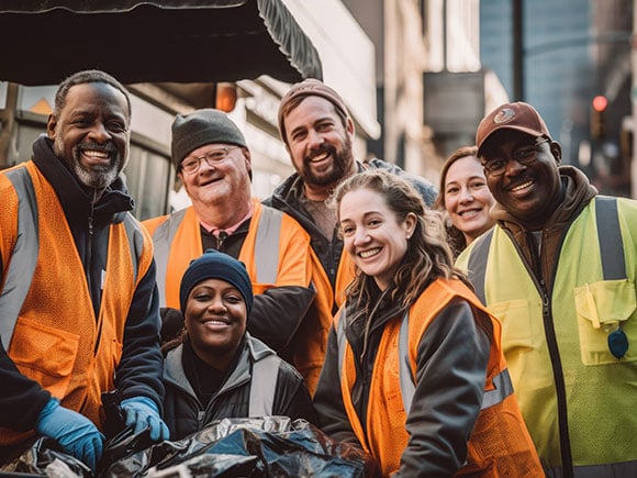 A large group of sanitation workers smiling at the camera